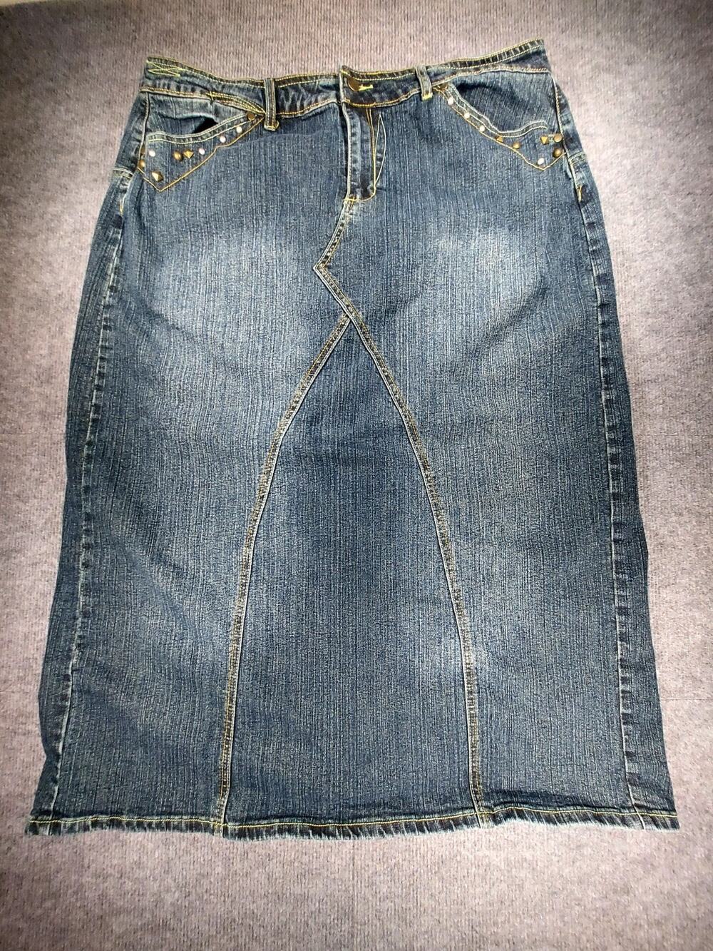 Vintage Cato Woman Y2K Denim Maxi Skirt 20W Embroidered Plaid Peekaboo Slit Stud